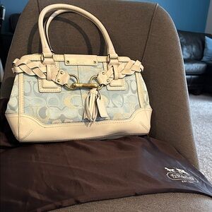 Vintage Coach Cream and Light Blue Satchel
